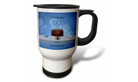  Travel Mug 31st Birthday Party with Chocolate Cake and Blue Balloons - 14oz 