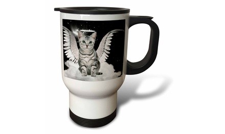  Travel Mug Gray Tabby Cat Angel Sitting on a Cloud with a cute Halo Angel Wings