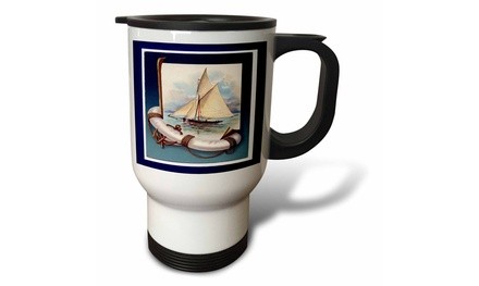  Travel Mug Vintage Sailboat n Anchor With Navy Blue Frame - 14oz 