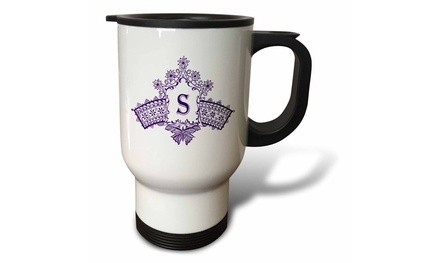  Travel Mug Monogram Initial S in Purple Diadem with Butterfly Detail - 14oz 