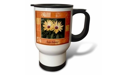  Travel Mug Yellow Gerber Daisies, Happy Birthday - 14oz 