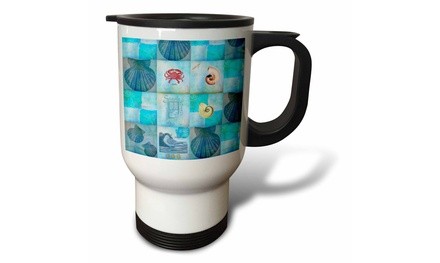  Travel Mug Aqua Beach Seashell Collage Art - 14oz 