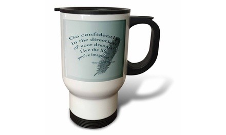  Travel Mug Go Confidently Thoreau quote with Feather - 14oz 