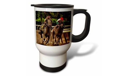  Travel Mug two horses and jockeys racing to finish line, mud flying. - 14oz 