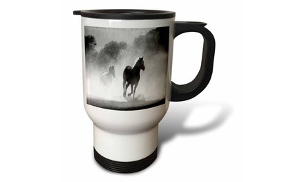  Travel Mug Image of Horses Running In Fog In Black And White - 14oz 