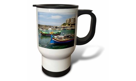  Travel Mug Hotel buildings and traditional Luzzu boats, Gozo Island, Malta. 