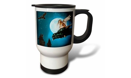  Travel Mug Fairy Dragon Fantasy with Moon and Owls - 14oz 