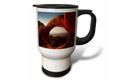  Travel Mug Utah. Looking through Double O Arch at sunset, Arches National Park