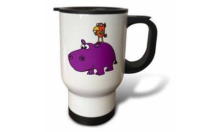  Travel Mug Funny Cute Hippo with Colorful Parrot Bird on his Back - 14oz 