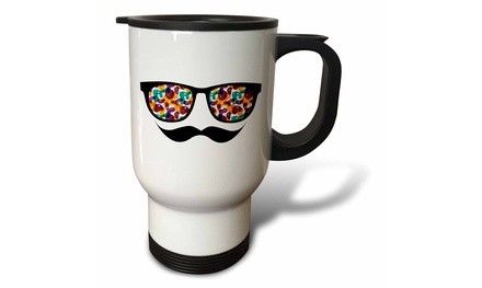  Travel Mug Hipster Trendy Retro Color Blobs Shades Sunglasses and Mustache