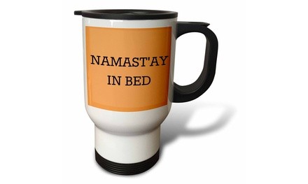  Travel Mug Namastay In Bed, Black Lettering On An Orange Background - 14oz 