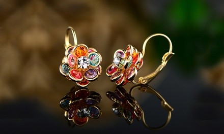 Flower Shaped Leverback Drop Earrings Made with Swarovski Crystals