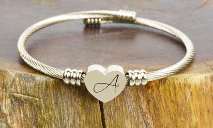 Gold Plated Stainless Steel Heart Cable Initial Bangles By Pink Box
