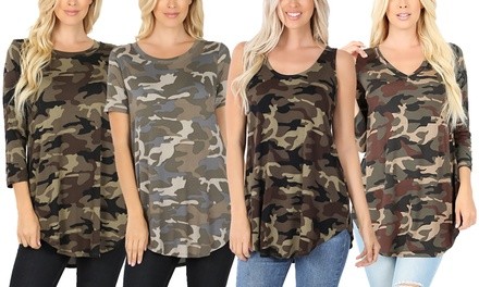 Haute Edition Women's Camo Print Tops. Plus Sizes Available.