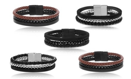 Reinforcements Men's Stainless Steel Chain and Leather Multi-Row Bracelet