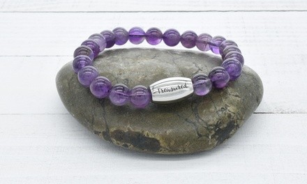 Genuine Amethyst Inspirational Beaded Bracelet by Pink Box