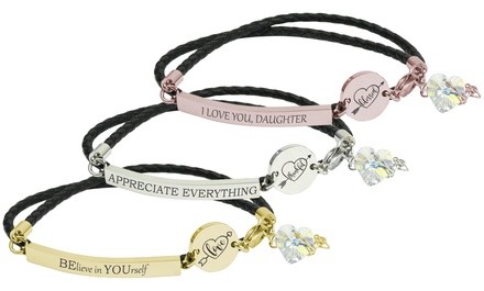 Inspirational Leather and Stainless Steel Bracelet made with Swarovski Elements by Pink Box. Multiple Options Available.