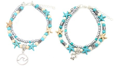 Turtle or Tidal Wave Turquoise Two-Row Anklets by DreamGem (1- or 2-Pack)