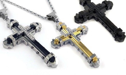 Men's Stainless Steel and Cubic Zirconia Cross Necklace on Rope Chain