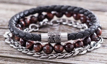 Men's Tigers Eye Bead, Curb Chain, and Leather Bracelet Set by Simply Steel