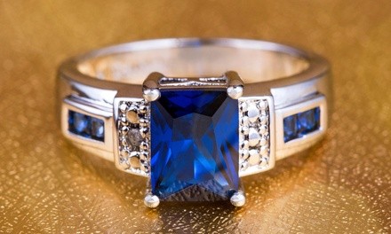 Nina & Grace Lab-Created Blue Sapphire & CZ Emerald-Cut Ring in Sterling Silver