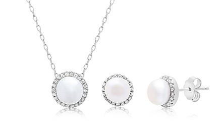 Nina & Grace Freshwater Pearl & CZ Pendant & Earring Set in Sterling Silver