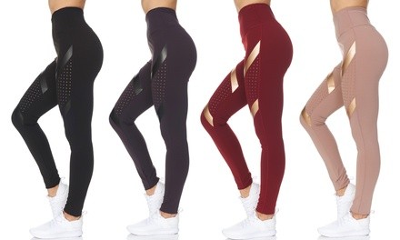 BSP Women's High Waist Active Full Length Leggings with Laser-Cut Mesh