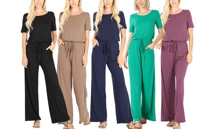 Women's Short Sleeve Jumpsuit with Elastic Waist. Plus Sizes Available.