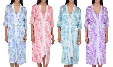 Women's Rose Embroidered Sleeveless Nightgown and Robe Set (3-Piece)