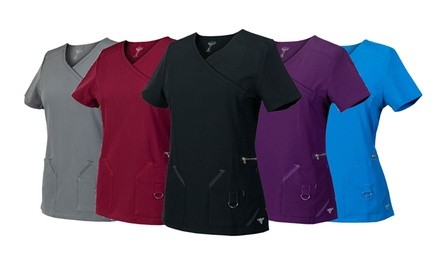 Material Girl Women's SuperFlex Mock-Wrap Scrub Tops. Plus Sizes Available.