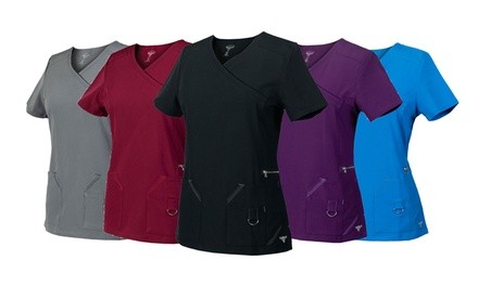 Material Girl Women's SuperFlex Mock-Wrap Scrub Tops. Plus Sizes Available.