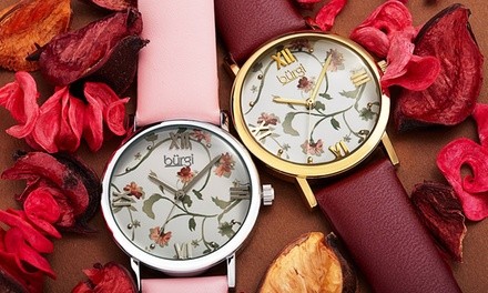 Burgi Women's Floral Print Dial on Genuine Leather Strap Watch