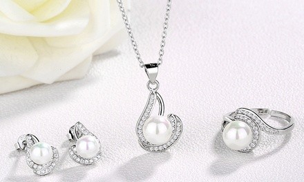 Sterling Silver Halo Cultured Pearl and White Topaz Set (4-Piece Set)