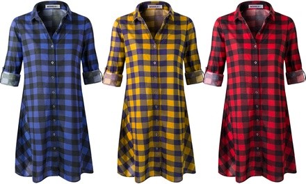 Doublju Women's Handkerchief Hem Plaid Shirt Dress. Plus Sizes Available.