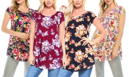 Isaac Liev Women's Short Sleeve Flowy Spring Floral Top. Plus Sizes Available.