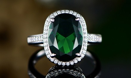 4.88 CTW Genuine Emerald Green Quartz Engagement Ring in 18K White Gold Plating by Peermont