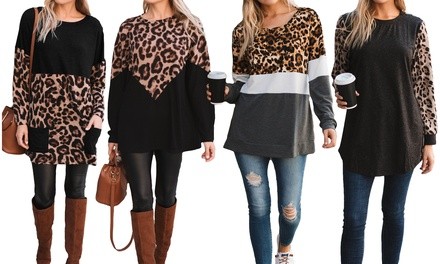 Women's Long Sleeve Leopard Tunics. Plus Sizes Available