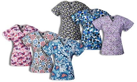 Medgear Women's Printed Mock-Wrap Scrub Tops with Back Ties (3-Pack). Plus Sizes Available.