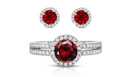 Sterling Silver Cubic Zirconia Dual Row Halo Ring and Earring Set