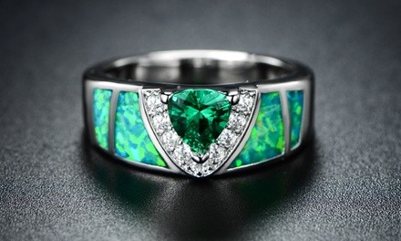 Mossy Green Opal Inlay Ring with Trillion-Cut Emerald by Peermont