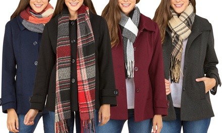 Haute Edition Women's Wool-Blend Car Coat with Oversized Scarf. Plus Sizes Available.