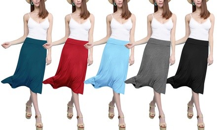 Women's Solid Lightweight Flare Midi Pull-On Skirt