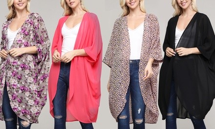 Doublju Women's Banded 3/4 Sleeve Chiffon Kimono Cardigan. Plus Sizes Available.