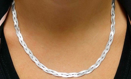 Italian Solid Sterling Silver Diamond Cut Braided Herringbone Necklace