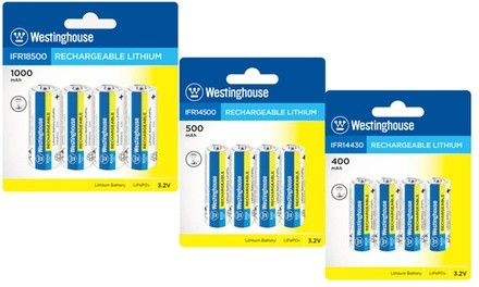 Westinghouse LiFePO4 3.2V Rechargeable Batteries 400, 500, or 1000 mAh (4-Pack)