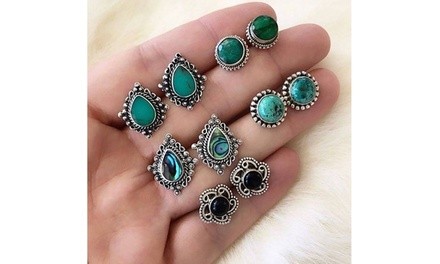 5 Pairs/Set Vintage Woman Crystal Silver Geometric Stud Earrings Set