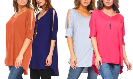 Isaac Liev Women's Split Cold-Shoulder Short-Sleeve Top. Plus Sizes Available.