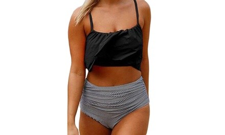 Women's Black Top And Striped Bottom High Waist Swimwear