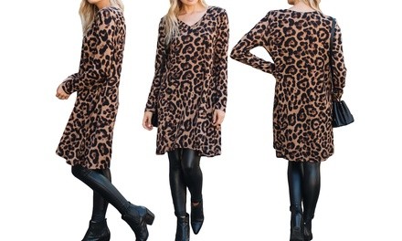 Reflection Women's Leopard V-Neck Flowy Long-Sleeve Dress. Plus Sizes Available.