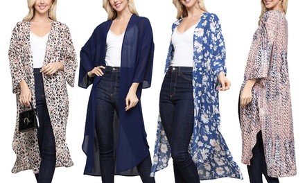 Doublju Women's 3/4 Sleeve Long Chiffon Kimono Cardigan. Plus Size Available.